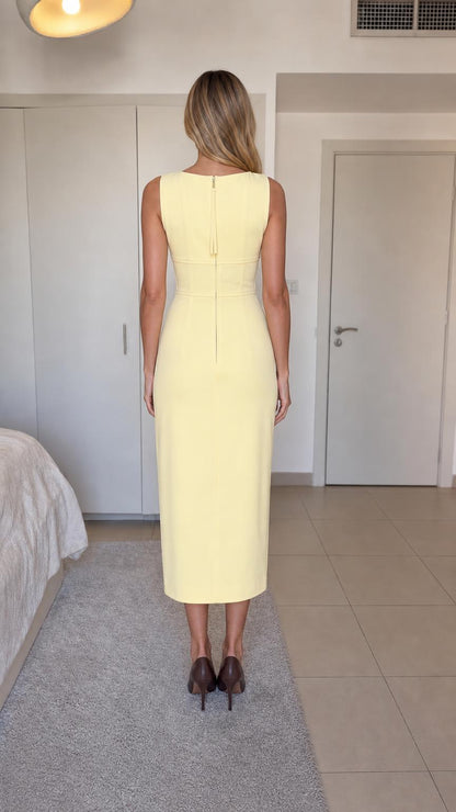 Back view of yellow midi dress showing back zipper