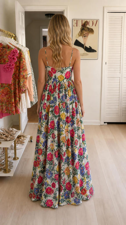 Back view of white floral maxi dress