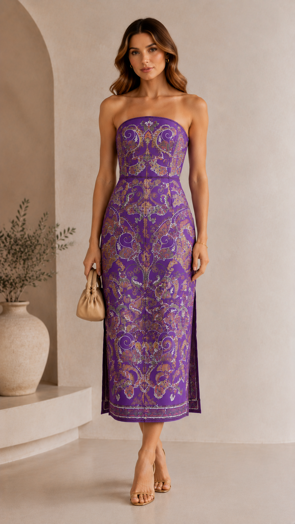 Front view of purple strapless paisley midi dress