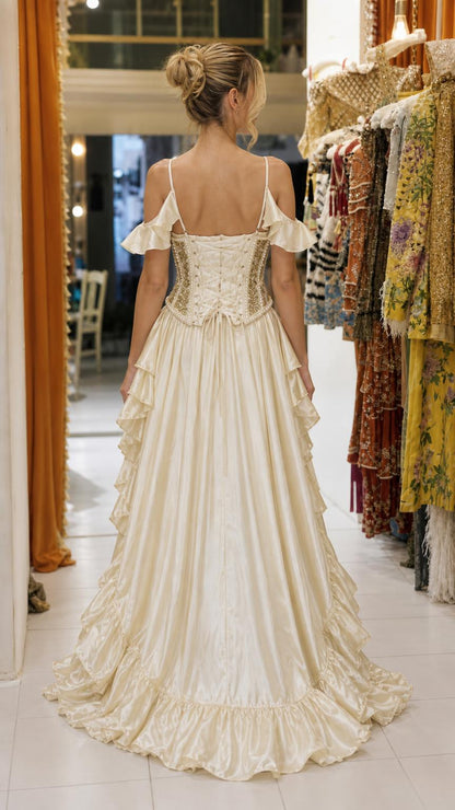 Back view of Champagne gown featuring lace-up corset detail and train