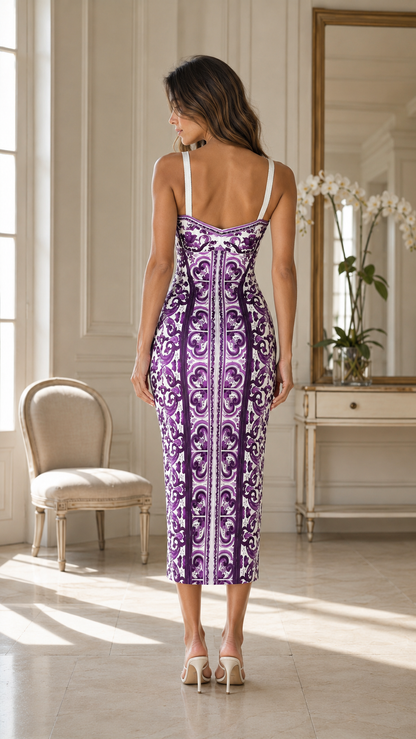 Back view of purple printed midi dress with slim shoulder straps
