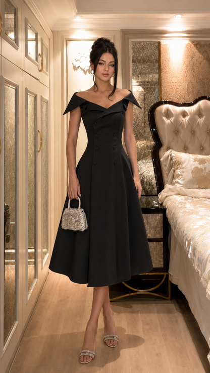 Front view of black off-shoulder midi A-line dress with button detail