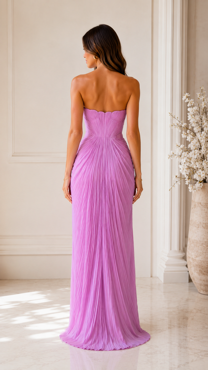 Back view of lilac strapless pleated maxi dress