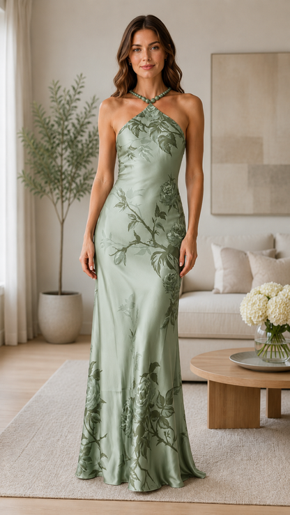 Sage floral satin-look halter maxi dress front view