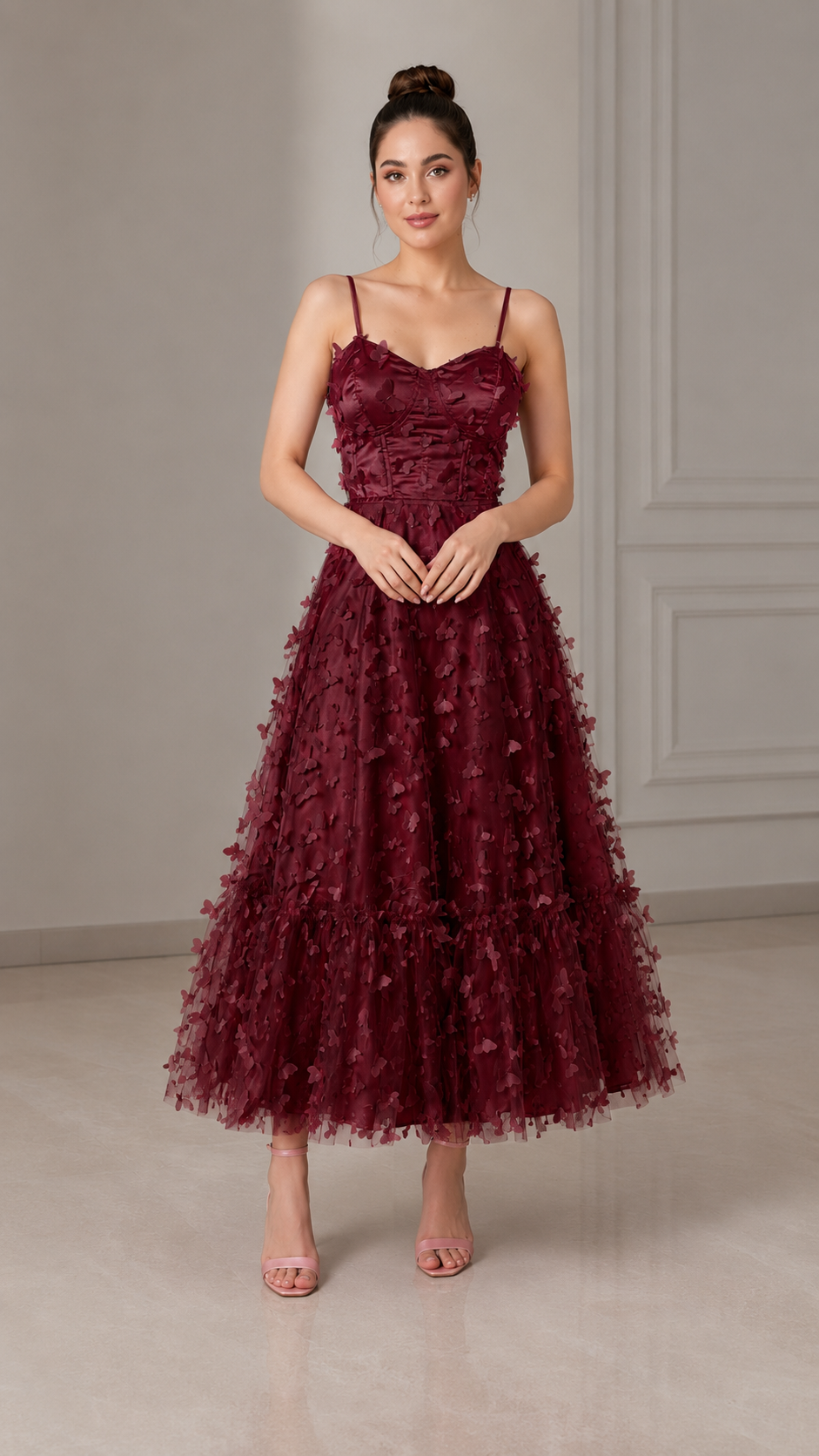 Burgundy 3D floral cami midi dress front view