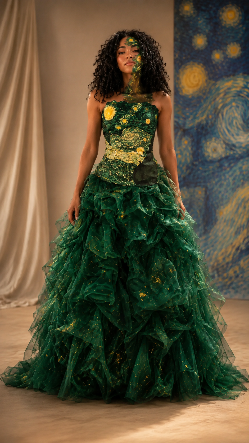 Emerald green strapless ball gown with starry print bodice and full ruffle skirt front view
