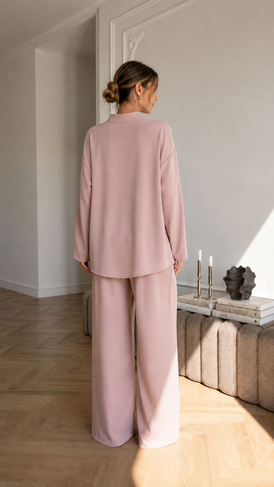 Women's blush pink two-piece lounge set back view with long sleeve top and wide leg pants