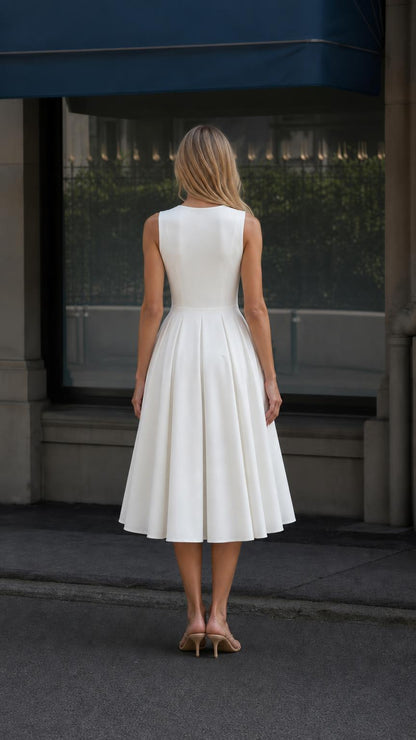 Back view of the white fit-and-flare midi dress