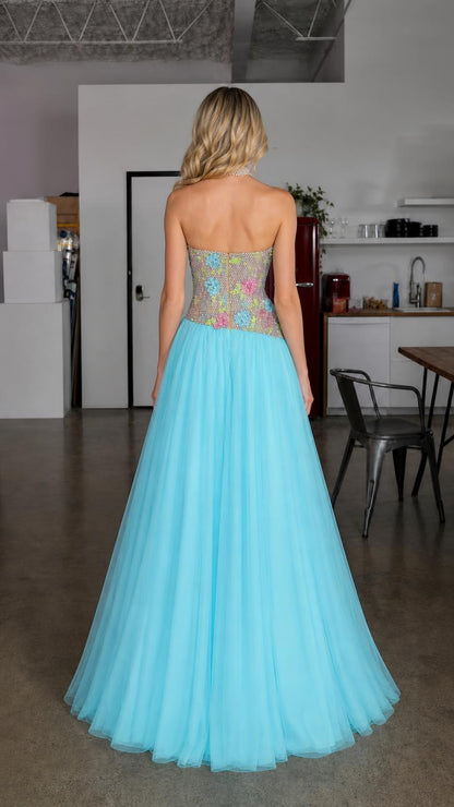 Back view of light blue strapless evening dress