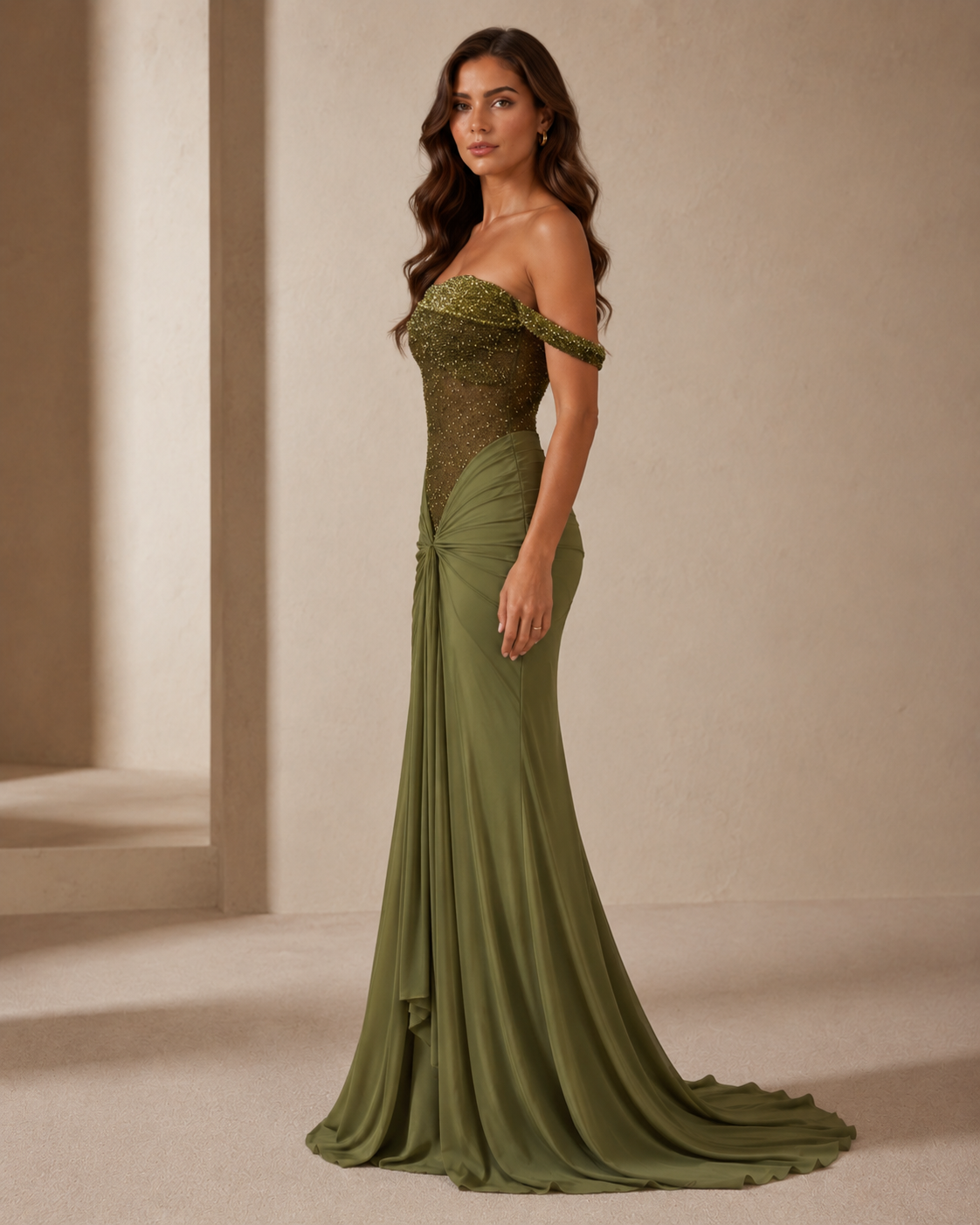 Olive off-shoulder embellished evening dress with floor-length draped skirt side view