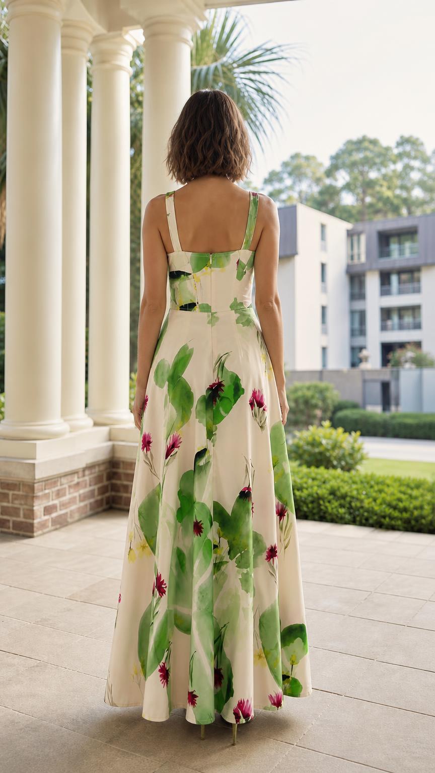 Back view of ivory floral botanical print maxi dress
