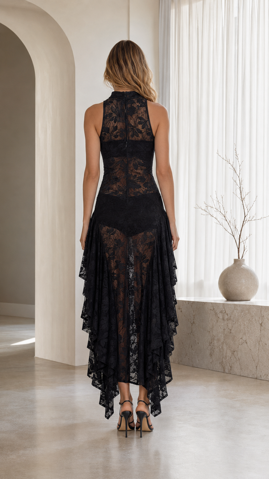 Back view of black floral lace high neck midi dress with flowing draped sides