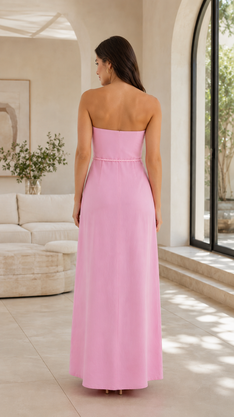 Back view of pink strapless straight-neck maxi dress