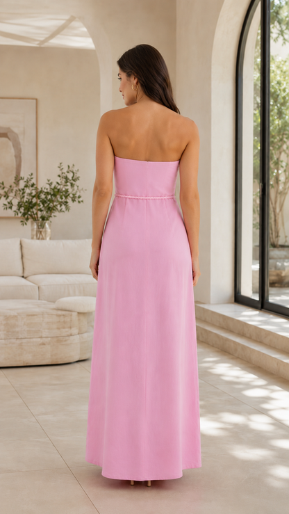 Back view of pink strapless straight-neck maxi dress