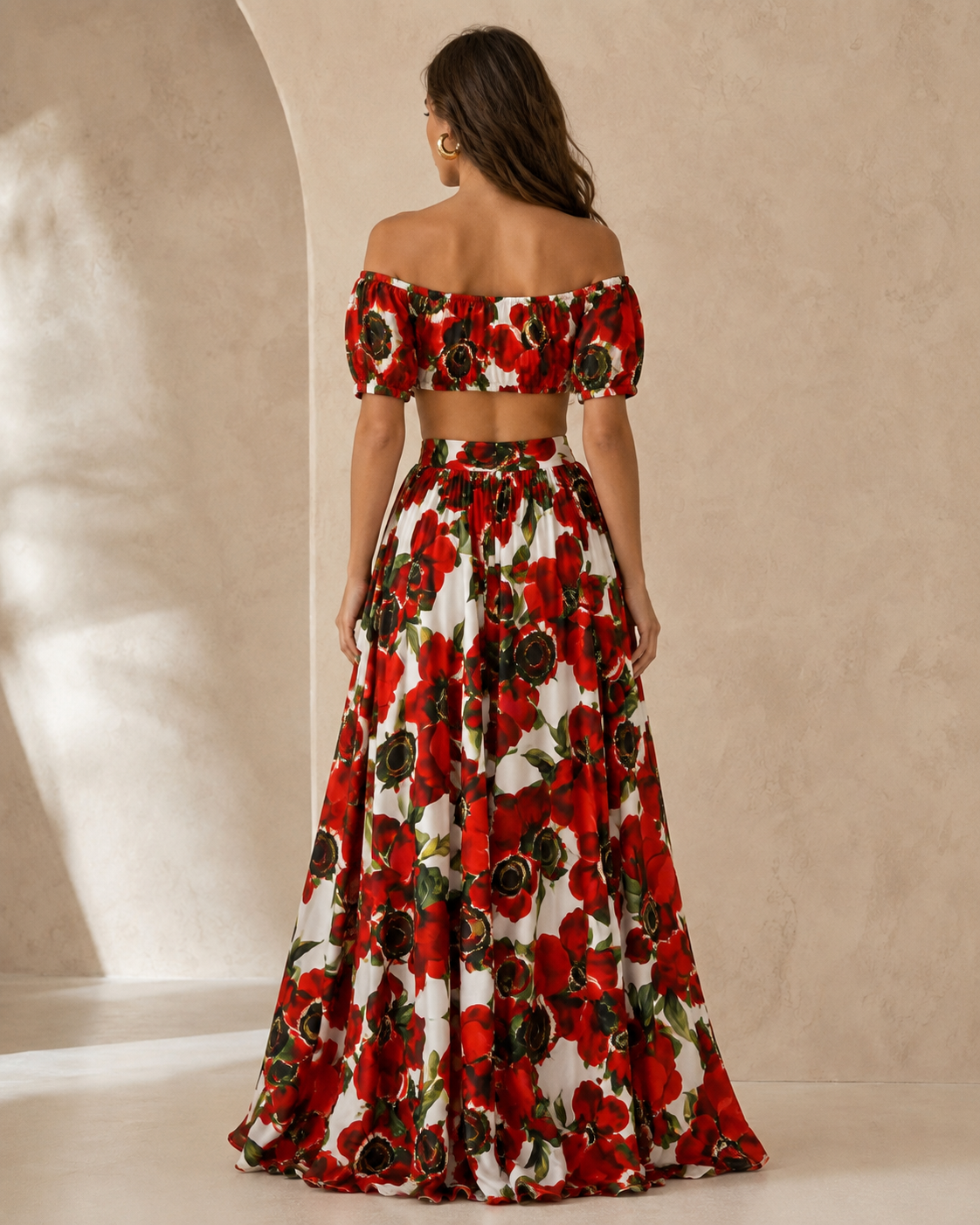 Back view of the red floral off shoulder two piece maxi skirt set