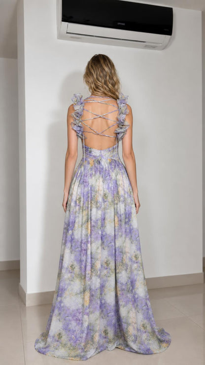 Back view showing lace-up details on lavender floral maxi dress