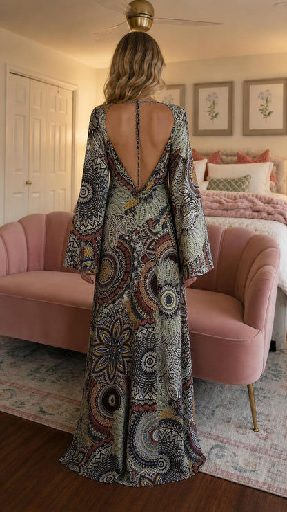 Back view showcasing open back design of sage maxi dress