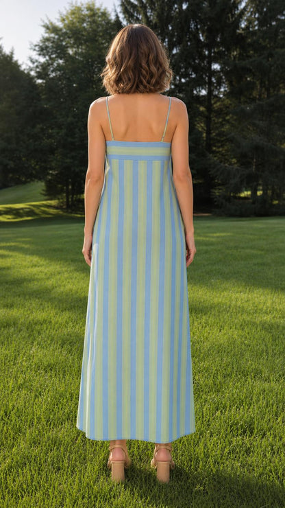 Back view of woman wearing blue striped maxi dress