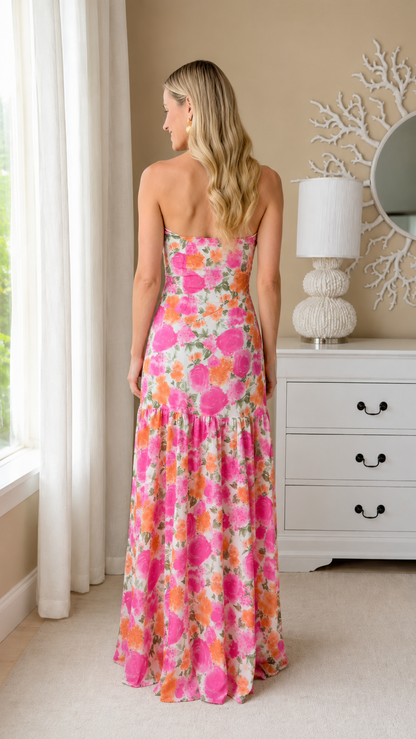 Back view of pink floral strapless maxi dress