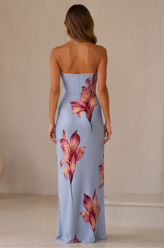 Back view of light blue strapless floral print maxi dress