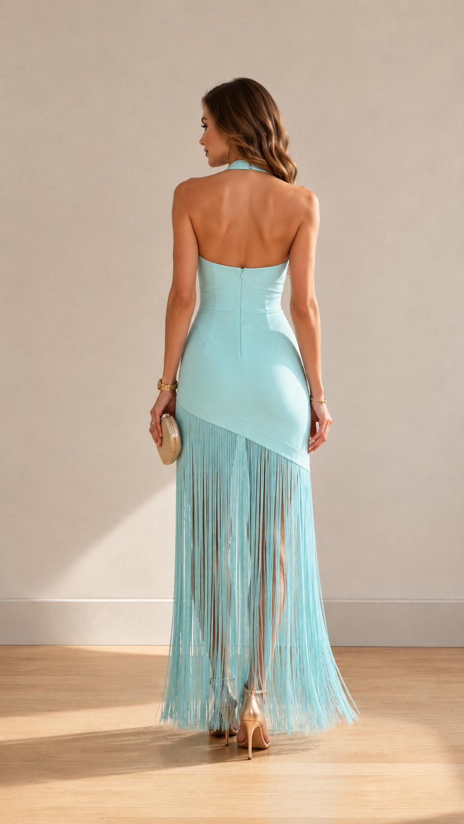 Sky blue halter fringe maxi dress back view with fitted silhouette