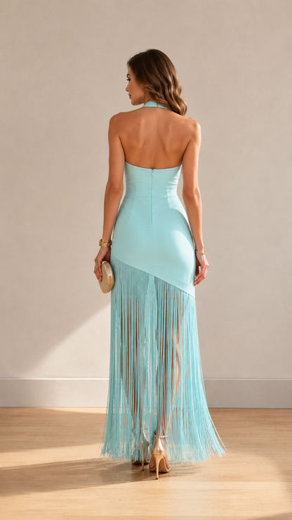 Sky blue halter fringe maxi dress back view with fitted silhouette