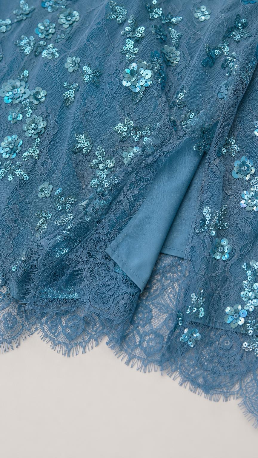 Close-up of blue sequin lace skirt texture and hem