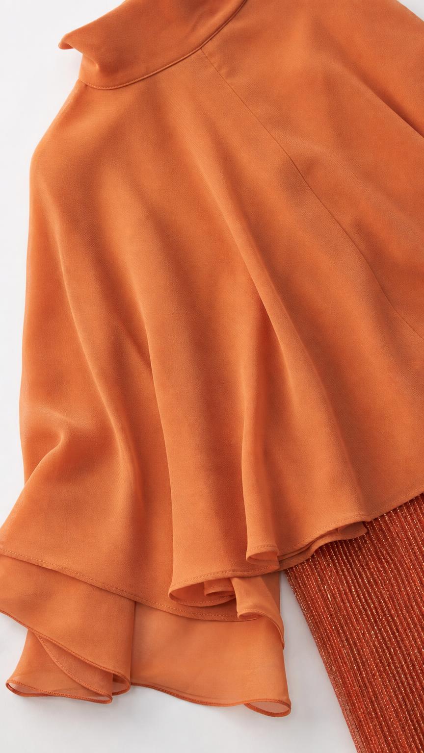 Close up fabric detail of orange cape dress