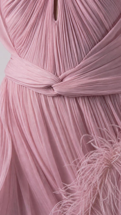 Close-up detail of pleated bodice and waist wrap