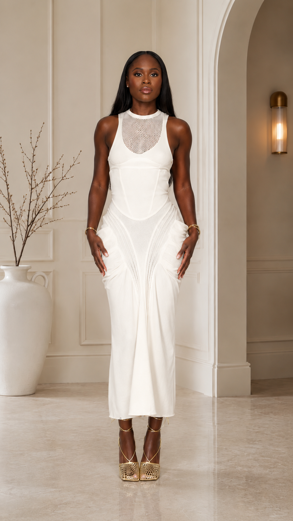 White sleeveless bodycon midi dress with sheer high neck panel front view