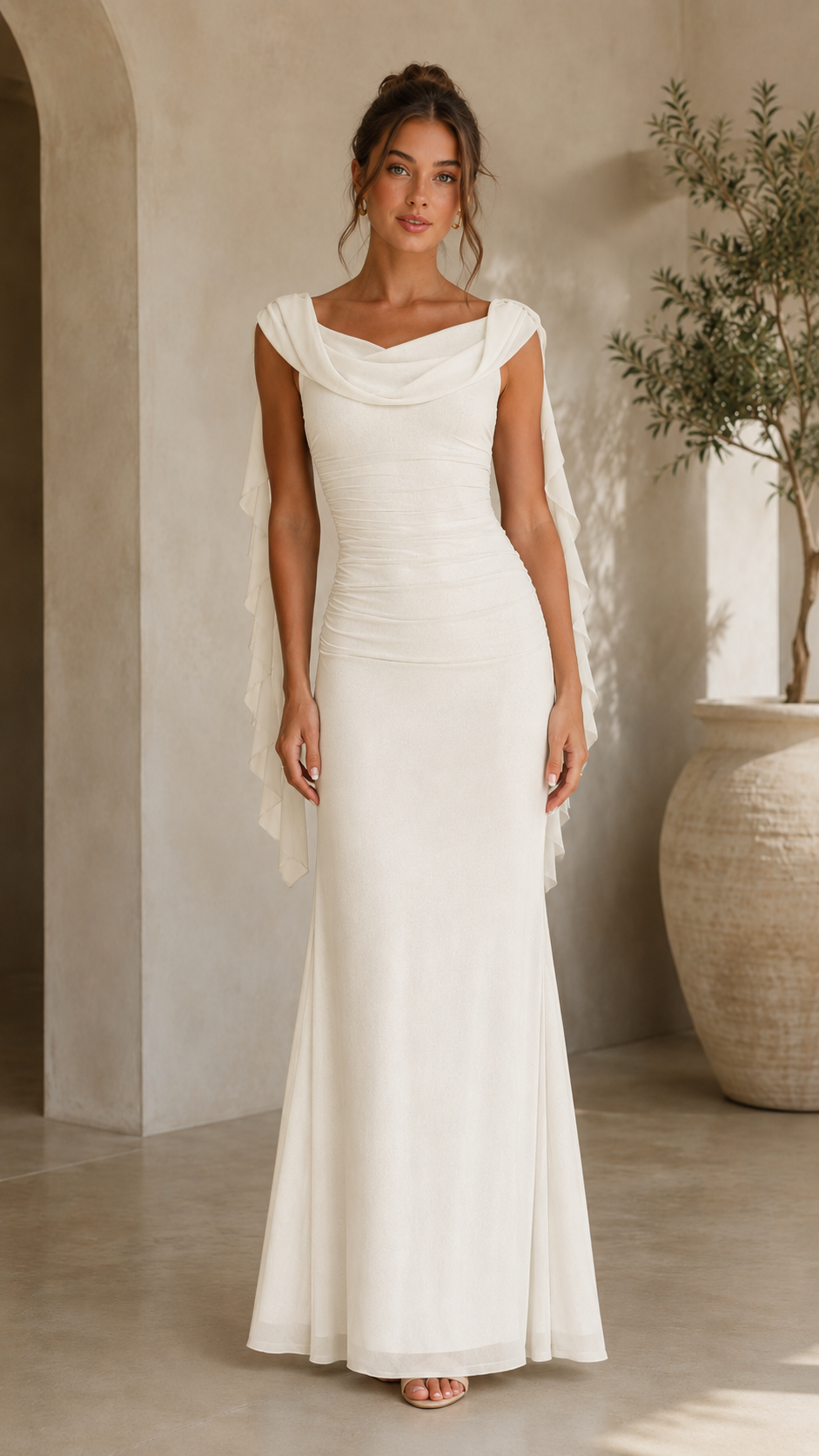 Ivory ruched cowl neck maxi dress with cap sleeves and drape panels front view