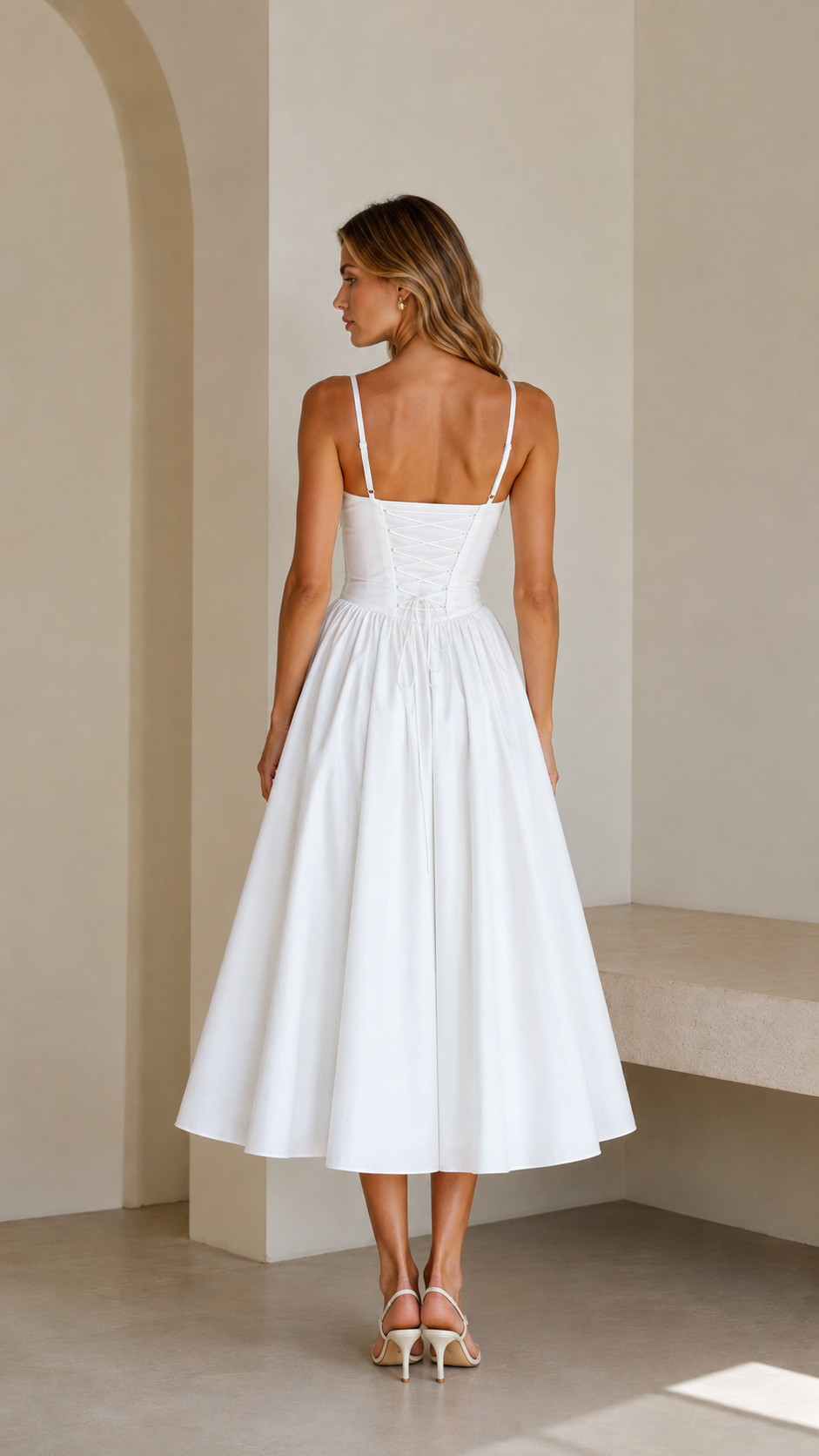 Back view of white spaghetti strap midi dress with fitted bodice and full skirt