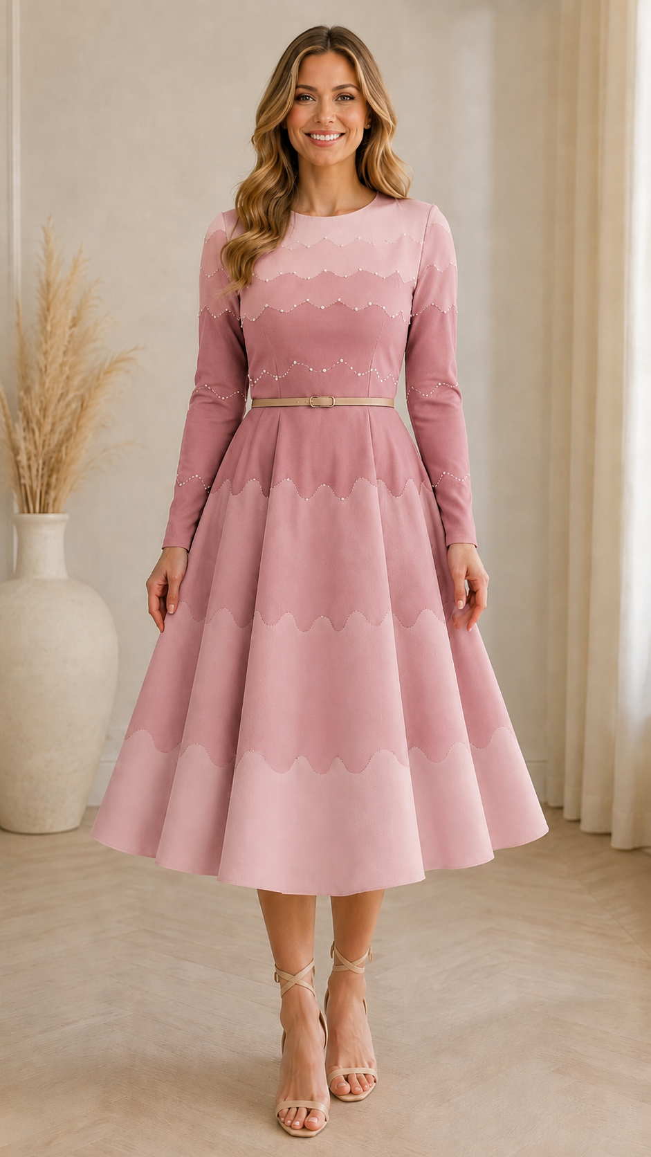 Front view of blush pink scalloped colorblock long sleeve midi dress
