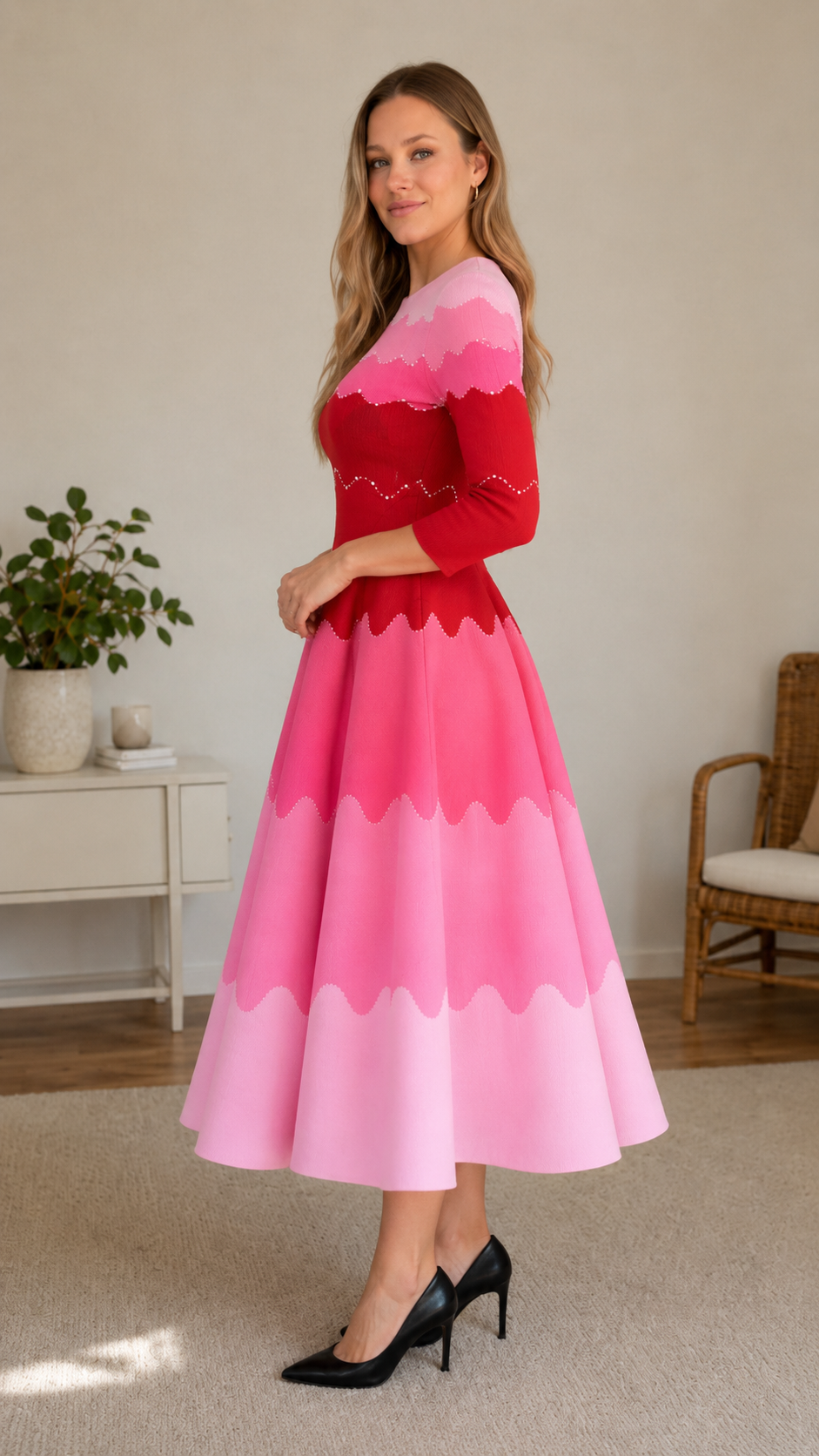 Side view of pink scalloped colorblock fit and flare midi dress