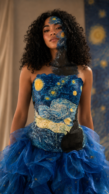 Close-up of royal blue strapless gown bodice with starry art-inspired print and defined waist
