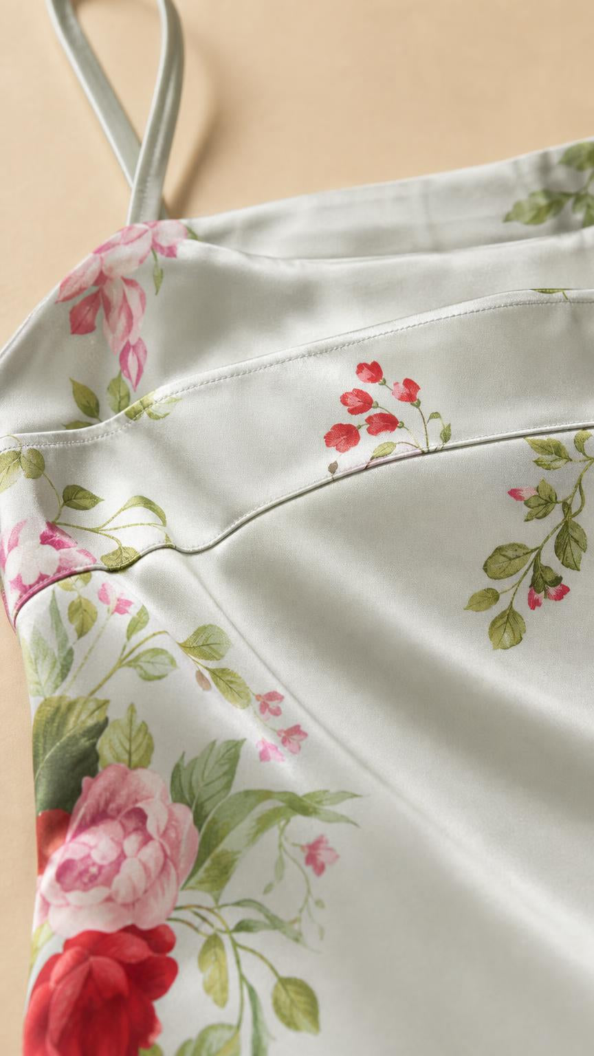 Close-up of floral print and satin texture on the dress strap
