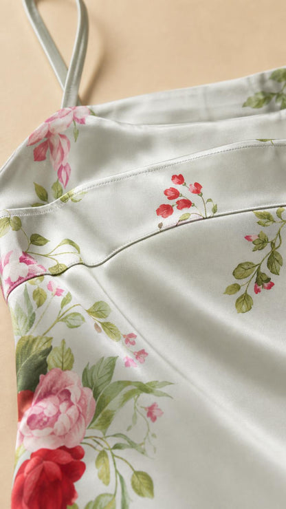 Close-up of floral print and satin texture on the dress strap