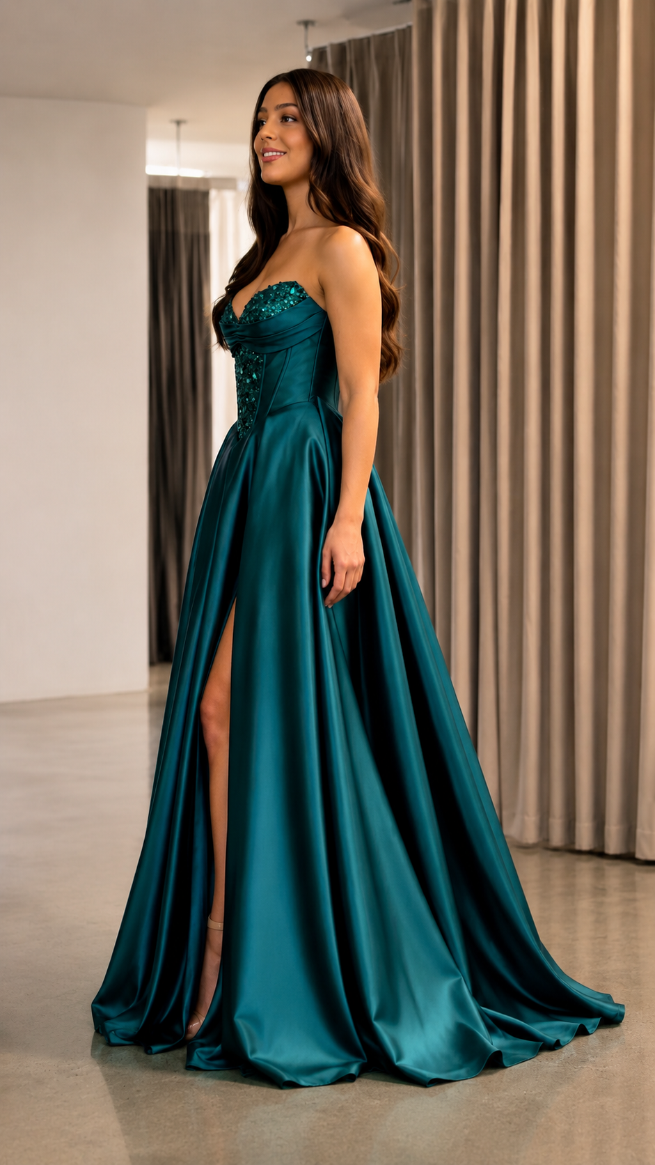 Side view of teal strapless satin-look ball gown with full skirt and thigh-high slit