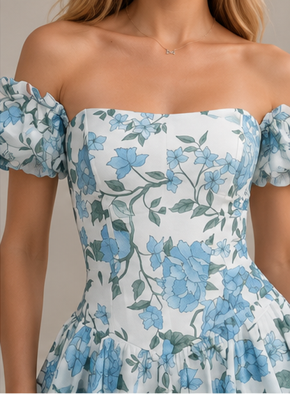 Close-up of sky blue floral print off shoulder bodice and puff sleeve detail