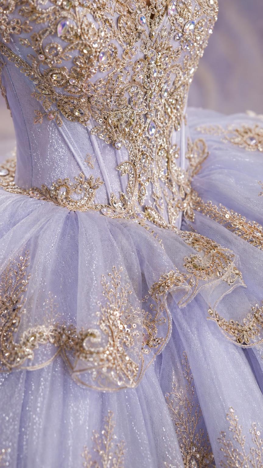Close-up detail of embellished bodice and metallic embroidery