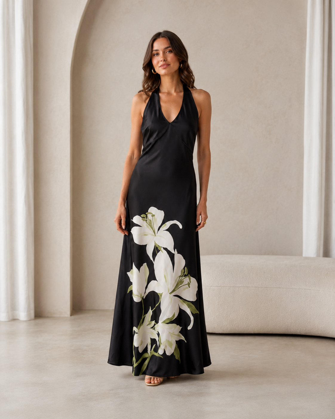 Black halter maxi dress with oversized white lily print