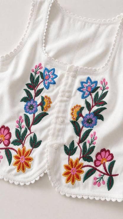 Close-up detail of white vest with multicolored floral embroidery and scalloped trim