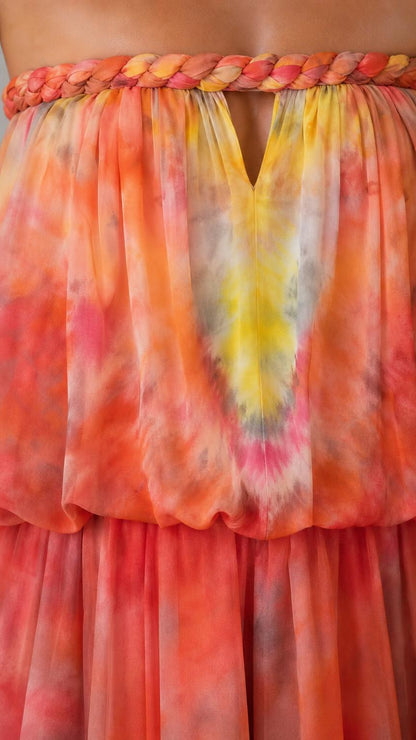 Close-up of braided strapless neckline and keyhole detail