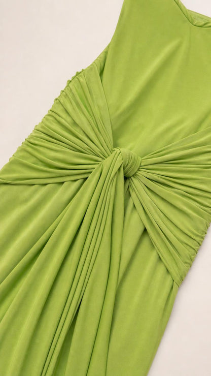 Close-up detail of the front knot and draping texture