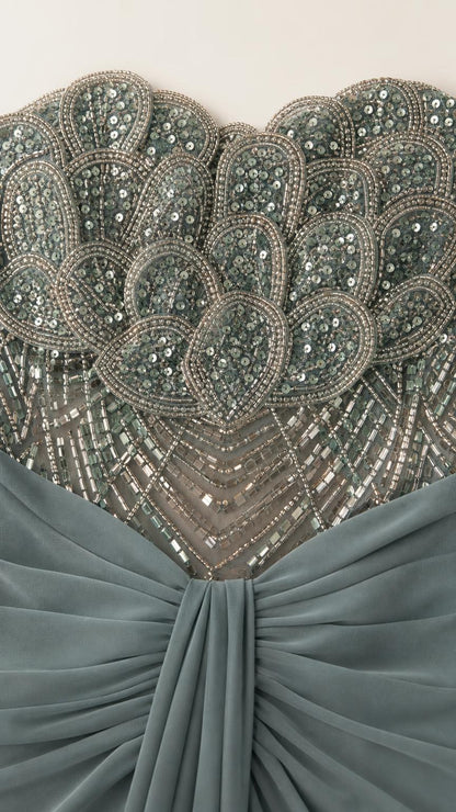 Close-up detail of sequin and beadwork bodice