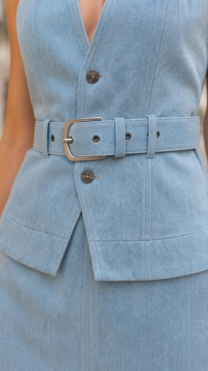 Close-up of vest buttons and belt detail on light blue set