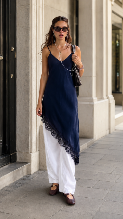 Front view of navy asymmetric lace hem slip tunic layered over white wide-leg pants