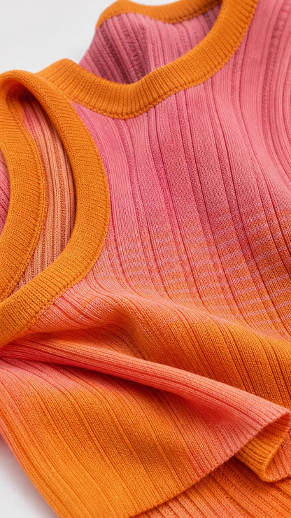 Close-up of Orange Ombre ribbed knit texture and neckline