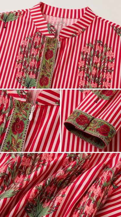 Close-up details of collar, embroidery, and cuffs on red striped dress