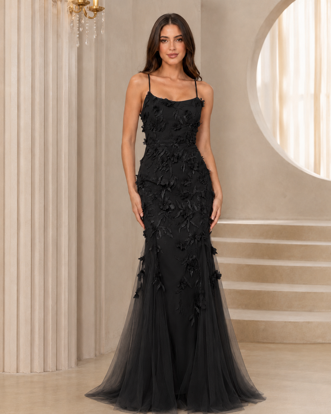 Front view of black 3D floral appliqué slim-fit formal maxi dress